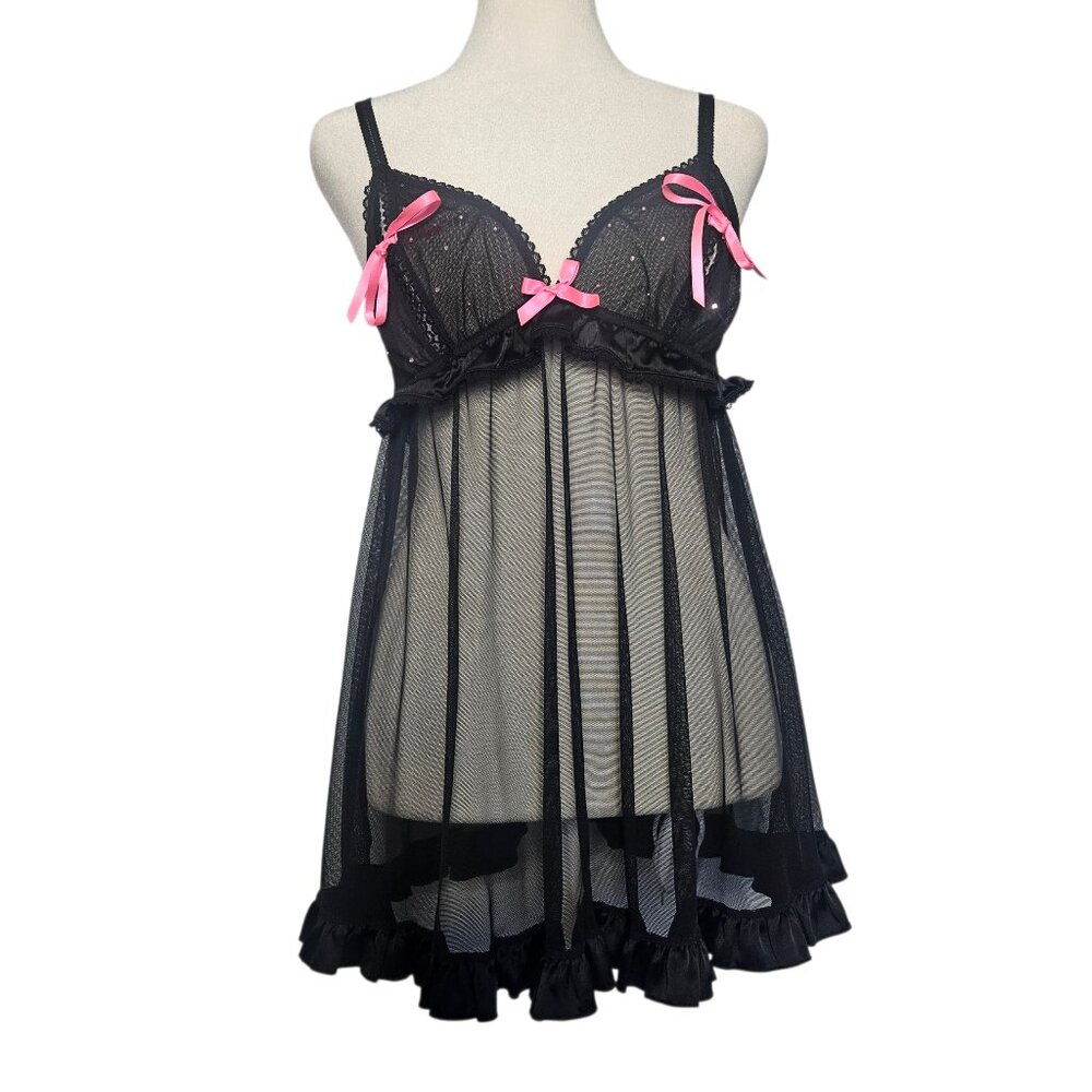 Victoria's Secret Sexy Little Things Babydoll SZ Large Black Sheer Rhinestones